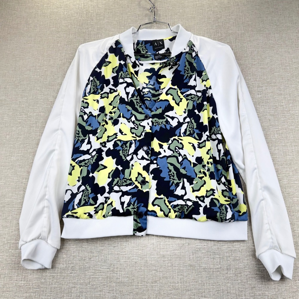 Armani Exchange AX Womens Floral Camo Bomber Jacket White Blue Yellow Large